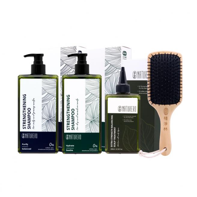 Naturero植淨林 強健洗髮精400ml任2入+雙效頭皮平衡淨化液200ml 贈木柄髮梳