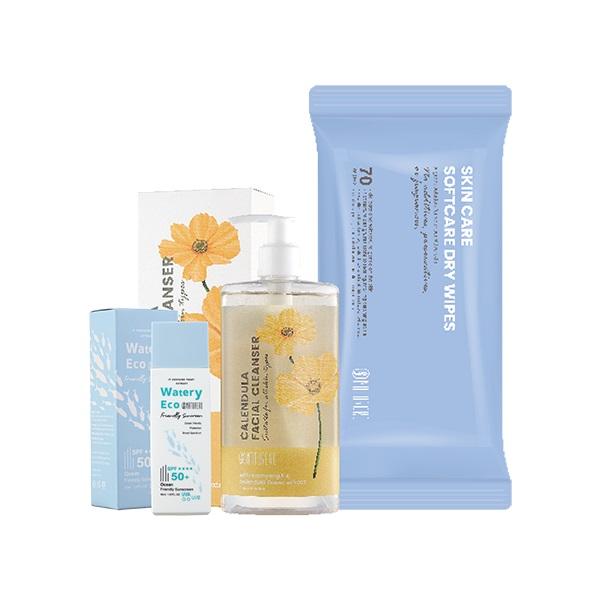 Naturero植淨林 金盞花舒緩洗卸凝露300ML++海洋友善水感防曬乳SPF50+ 50ML 贈輕柔兩用潔膚巾70抽