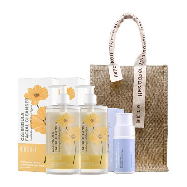 Naturero植淨林 金盞花舒緩洗卸凝露300ML 2入+肌光酵能潔顏粉40G 贈f品牌緞帶麻布包