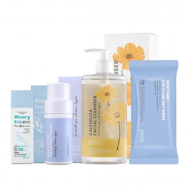 Naturero植淨林 金盞花舒緩洗卸凝露300ML+海洋友善水感防曬乳SPF50+ 50ML +肌光酵能潔顏粉40G 贈輕柔兩用潔膚巾70抽